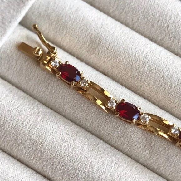 Gold over sterling 925 genuine diamond and garnet tennis bracelet. Like new. - Picture 5 of 13